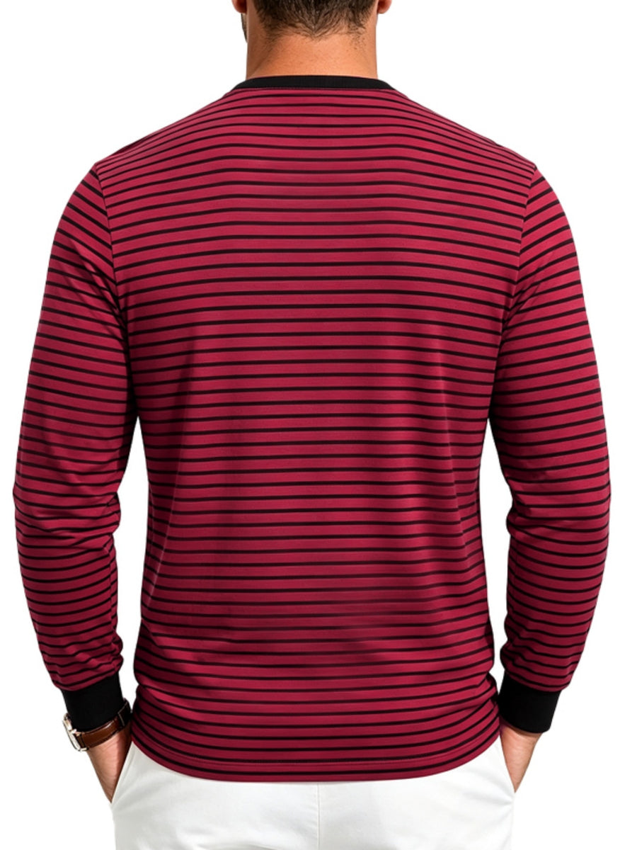 Men'S Striped Henley Shirt, Fall Casual Long Sleeve T-Shirt with 3 Buttons And Contrast Ribbed Collar for Daily Commute And Outdoor - Red