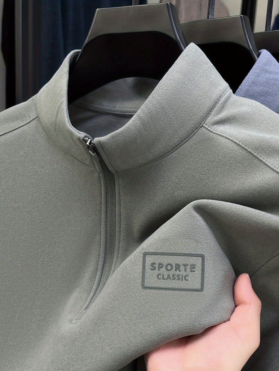 Men'S 1/4 Zip Long Sleeve Sweatshirt, Spring/Autumn Business Casual Golf Top, Half-Zip Collar High Neck Long Sleeve T-Shirt, Soft Comfortable Casual Sportswear, Outdoor Spring/Autumn Warm Clothing, Logo on Chest, Mature Men'S Apparel - Bean Green