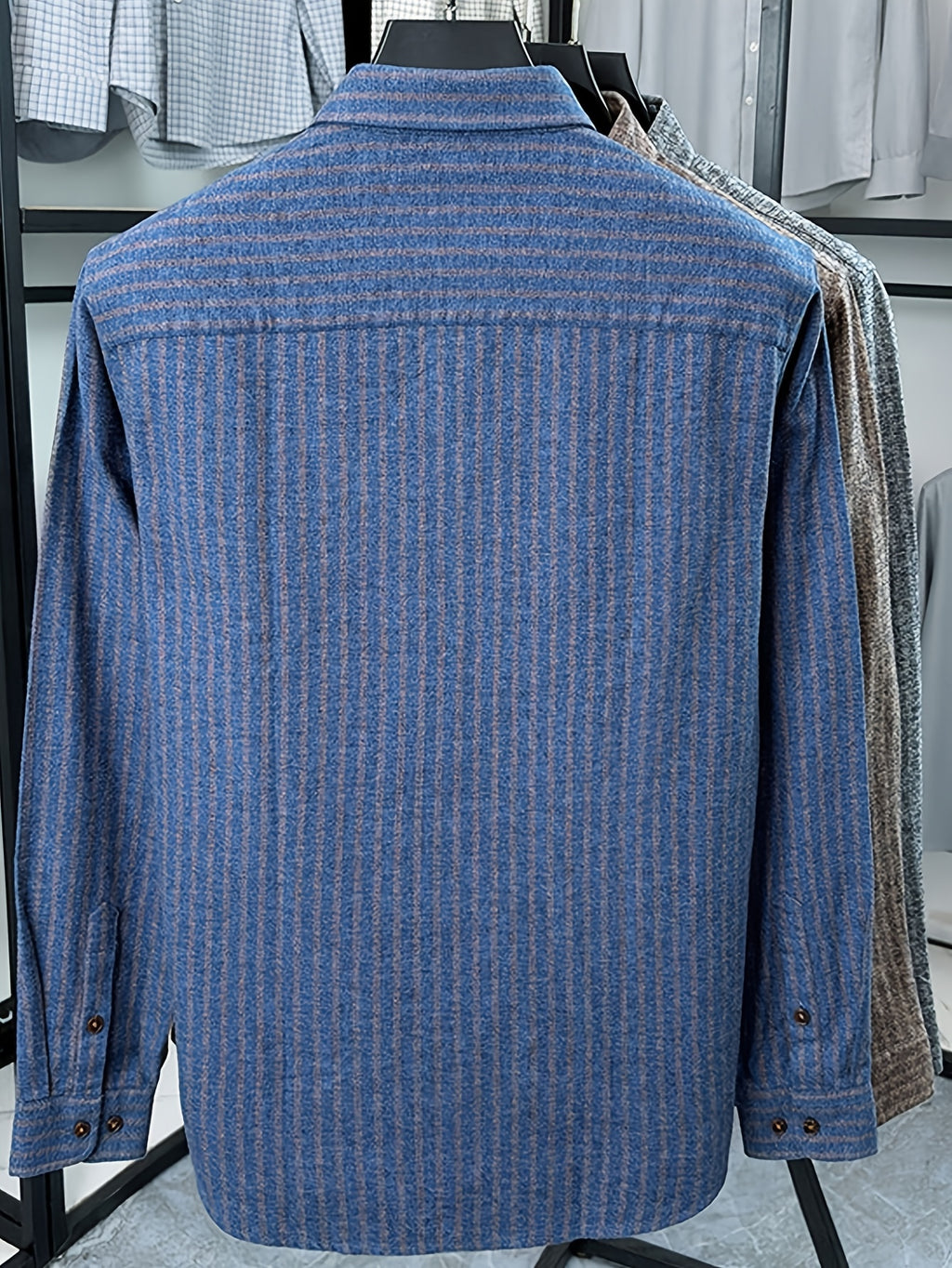Men's Brushed Vertical Stripe Long-Sleeve Shirt, Vintage Vertical Stripes, Loose Casual Fit, Suitable for Autumn and Early Winter - SINBOS - Blue