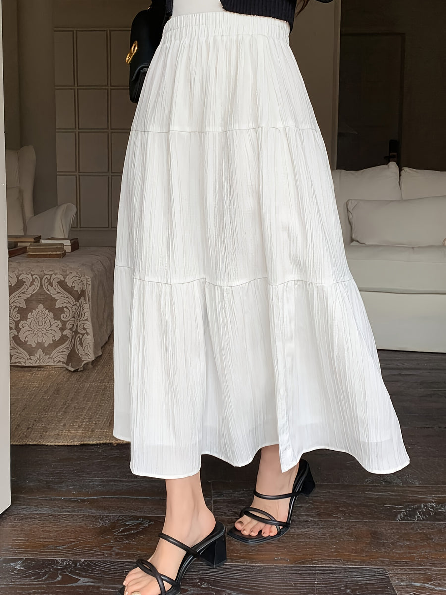 Midi Skirt Summer Cake High Waist New Elastic Mid-Length Large Swing Skirt White - White