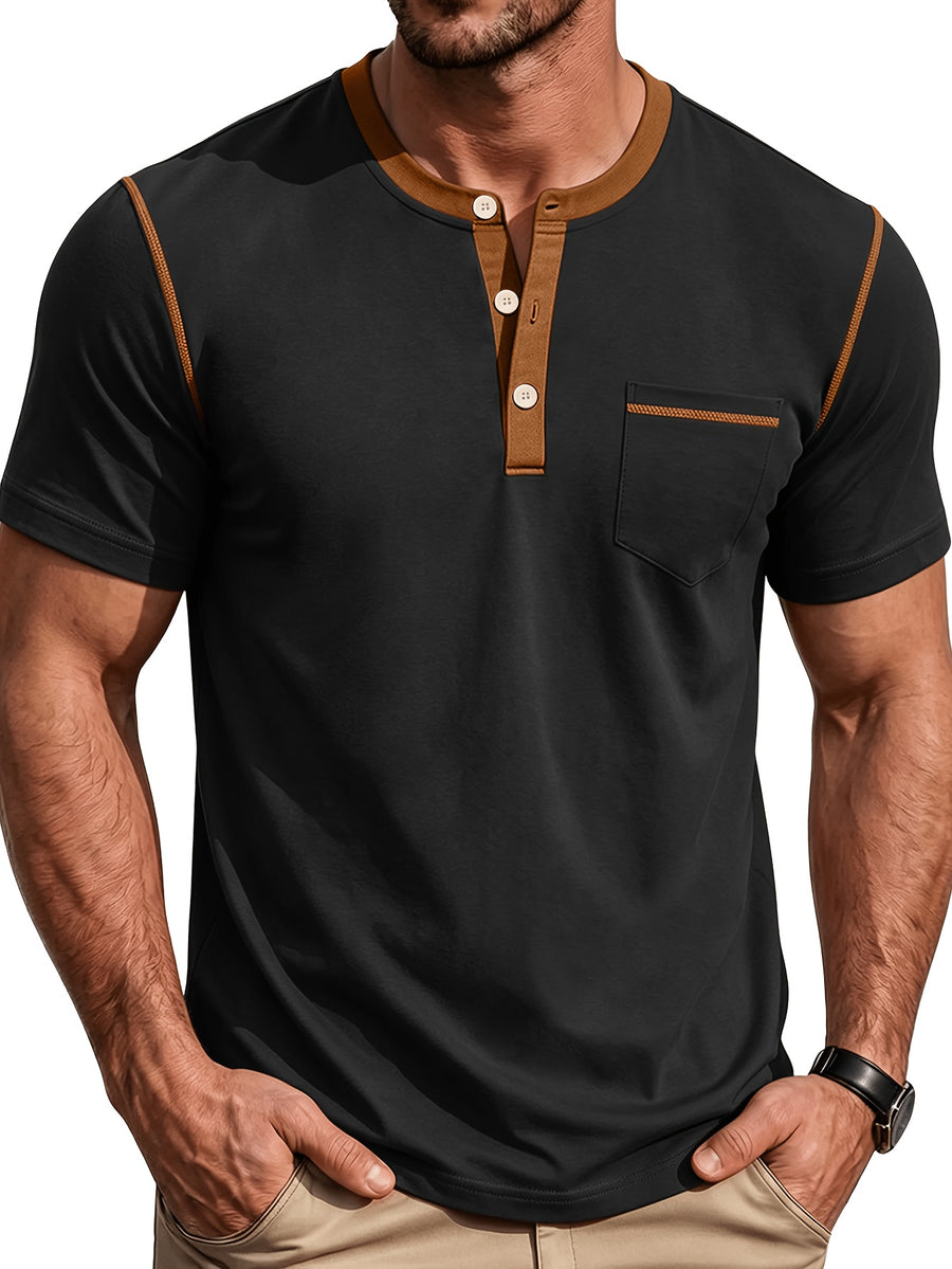 Men'S Spring Summer New Light Luxury Color-Block Henley Collar Short Sleeve T-Shirt, Half-Button 3-Button American Retro Top, High-Stretch Soft And Skin-Friendly Fabric, Breathable And Comfortable - Black