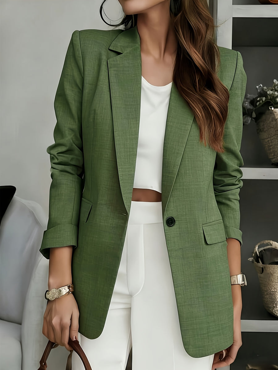 Spring And Autumn Women'S Fashion Long Sleeve Single-Button Blazer, Convertible with Real Pockets, Inner Lining, Soft And Comfortable Wrinkle-Resistant Fabric, Suitable for Casual Daily Wear, Indoor Office, Outdoor, And Podium Speeches - Olive
