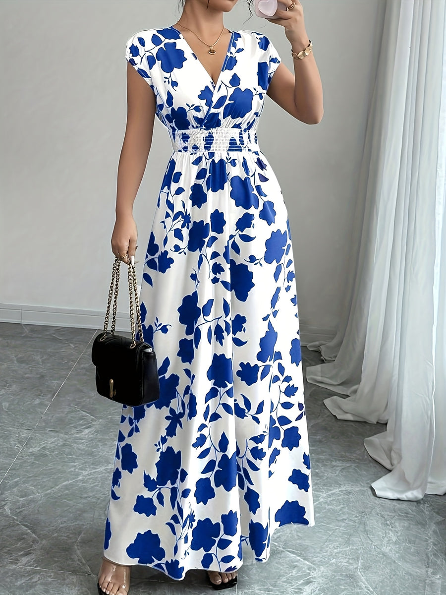 Elegant Pink Floral Maxi Dress with V-Neck and Short Sleeves - Flowing A-Line Silhouette, Cinched Waist, Perfect for Spring/Fall, Casual to Formal Wear, Casual Elegant Wear | Floral Print Dress | Cinched Waist Design - Blue And White