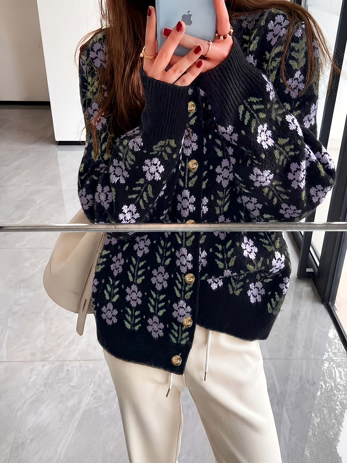 Cream-based Orange and Blue Floral Cardigan, Women's Round Neck Vintage Pastoral Style Loose Layering Top Coat - Black