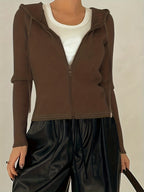 Women's Slim-Fit Solid Color Hooded Long Sleeve Casual Jacket - Dark Brown