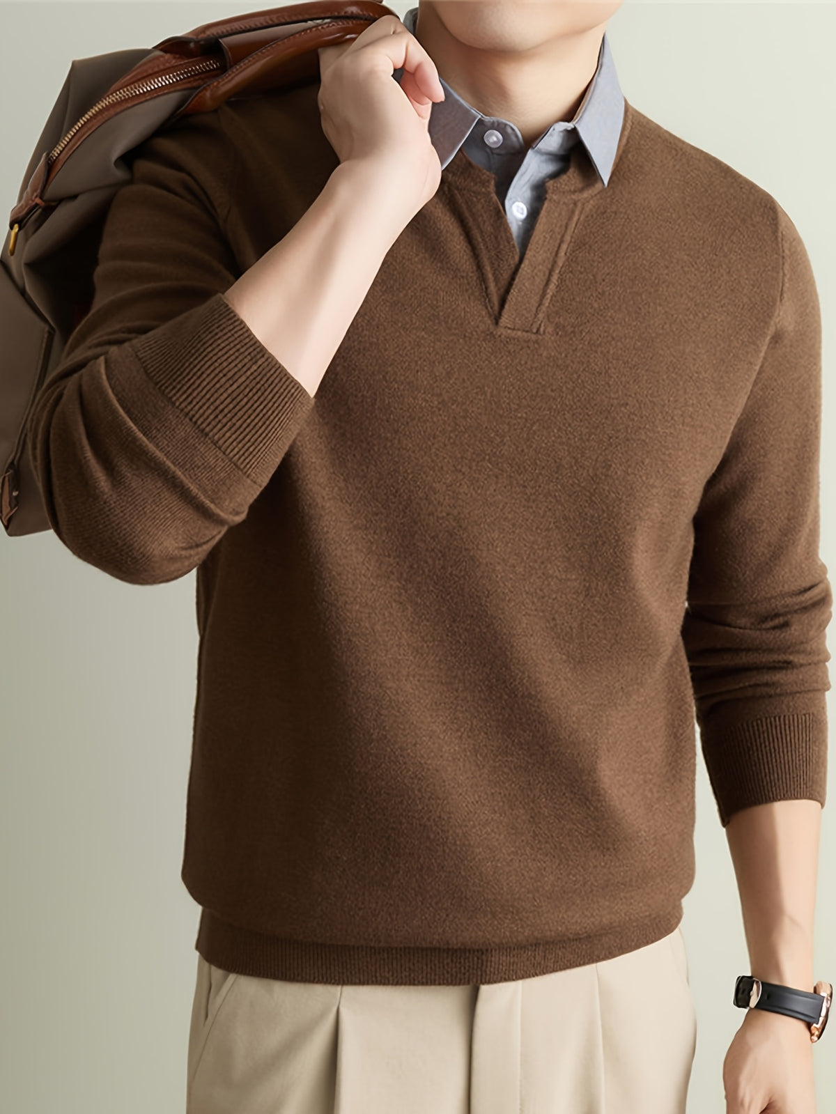 Men'S Thickened Polo Collar Faux Two-Piece Sweater, Autumn Winter Business Commute Sweater, Contrast Shirt Collar Pullover Top - SINBOS, Knit - Mocha Brown
