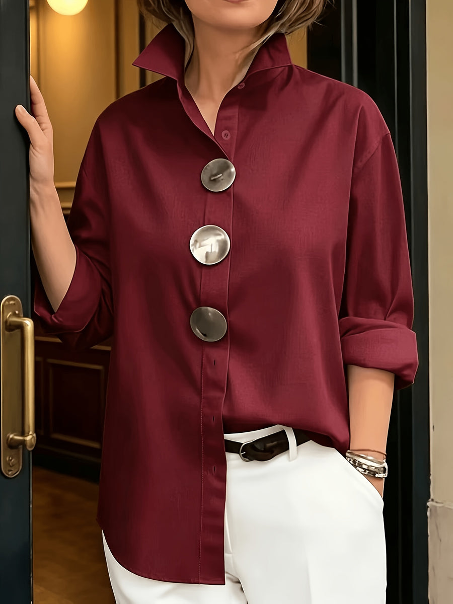 2026 Spring New Arrival Women's Large Button Shirt, Loose Fit Silhouette, Conceals Figure and, French-Style Commuter Elegance Long Sleeve Blouse, Versatile Designer Top - Burgundy