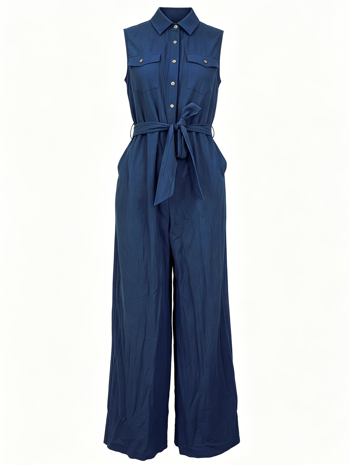 LN1993 Summer New Style Lapel Sleeveless Retro Casual Cargo Button-Style Belted Women'S Jumpsuit - Blue