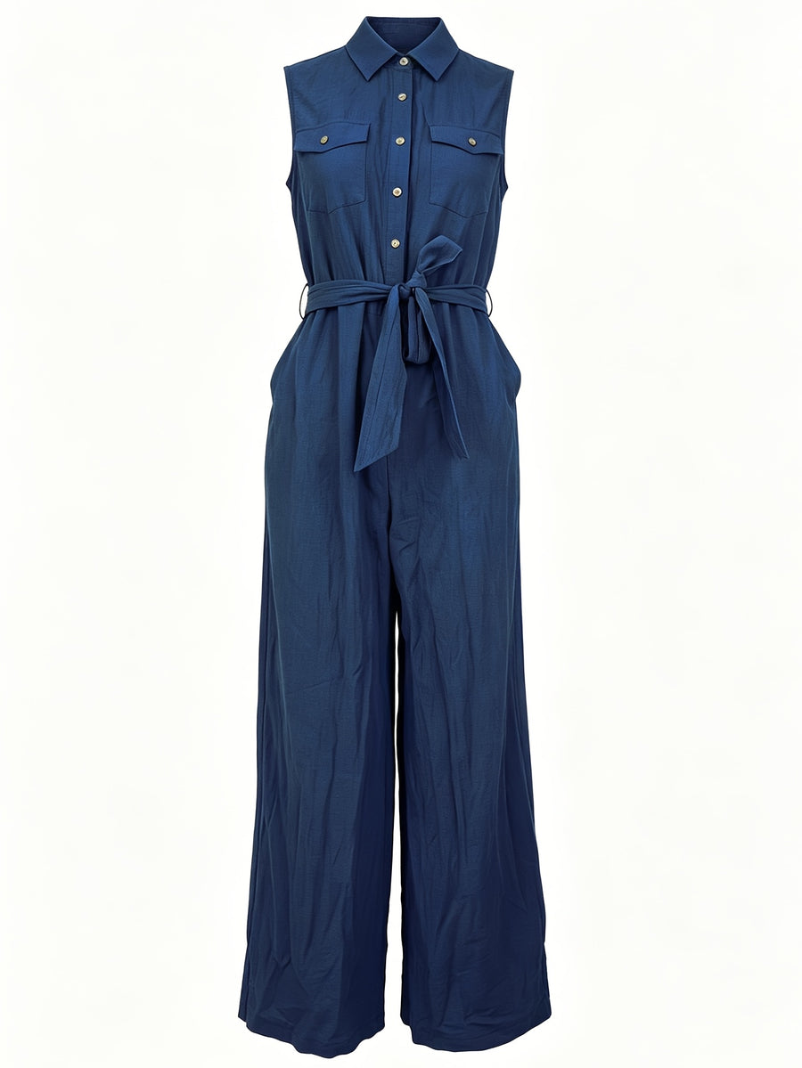 LN1993 Summer New Style Lapel Sleeveless Retro Casual Cargo Button-Style Belted Women'S Jumpsuit - Blue