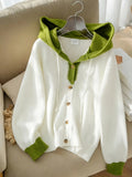 New Hot-Selling Fashion Hoodie: Vintage Elegant College Style Color-Block Hooded Sweater, V-Neck Button Cardigan in Green and Apricot Splicing, Loose Casual Lazy High-End Look, Autumn Winter New Commuter Eye-Catching Versatile Women's Top Sweater - Apricot+Green