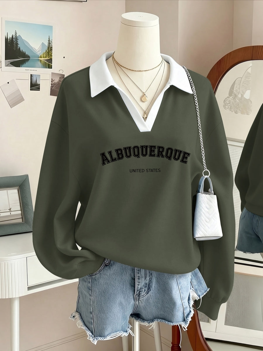 Women's Graphic Print Contrast Collar Polo V Neck Long Sleeve Sweatshirt, Loose Soft Casual Fall Winter Daily Wear - Olive Green