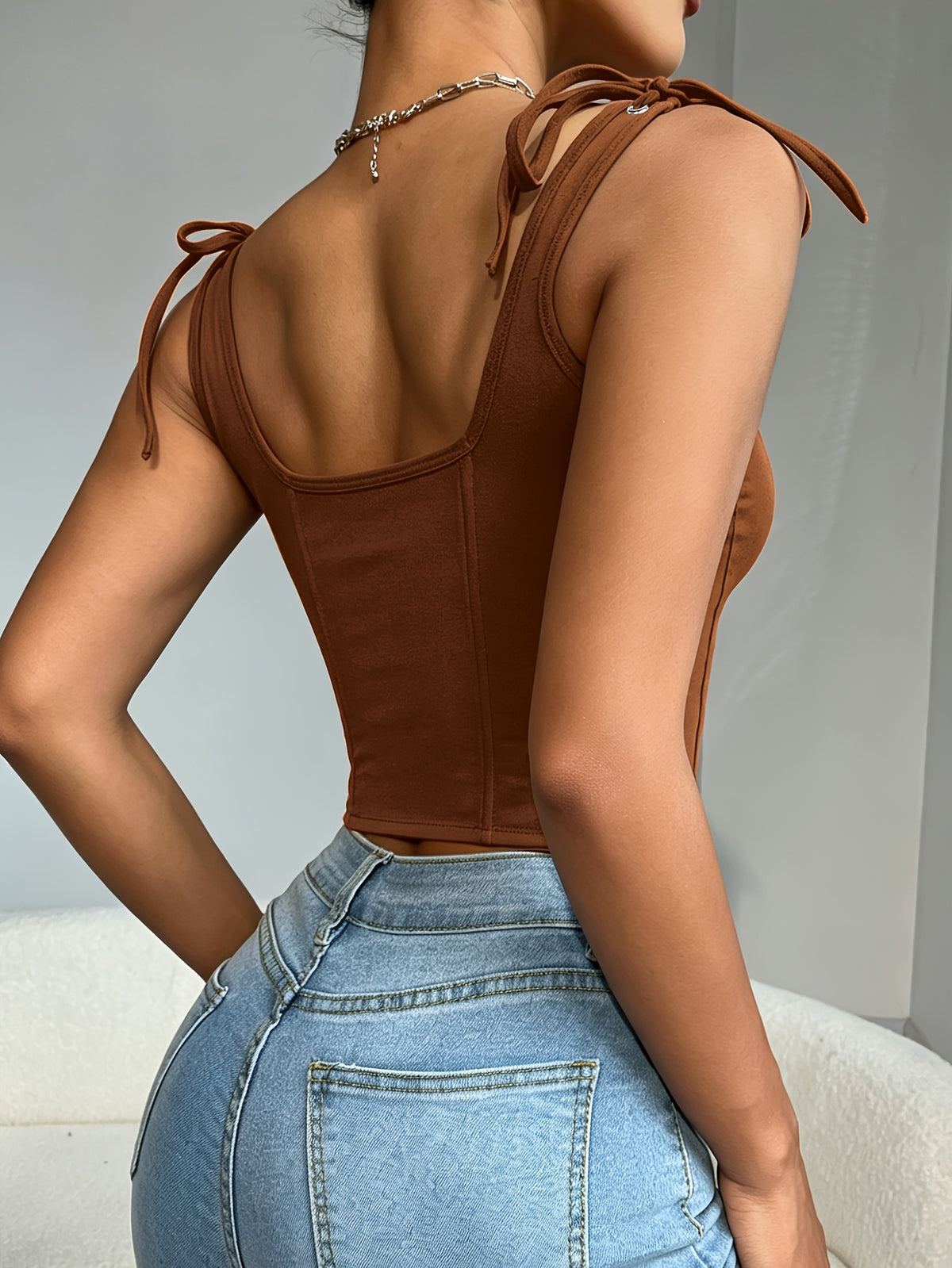 Fashionable and Versatile Solid-color Drawstring Slim-fit Women's Bodysuit, V-neck with Cut-out Back Design, Women's Outerwear Camisole - Light Brown-1