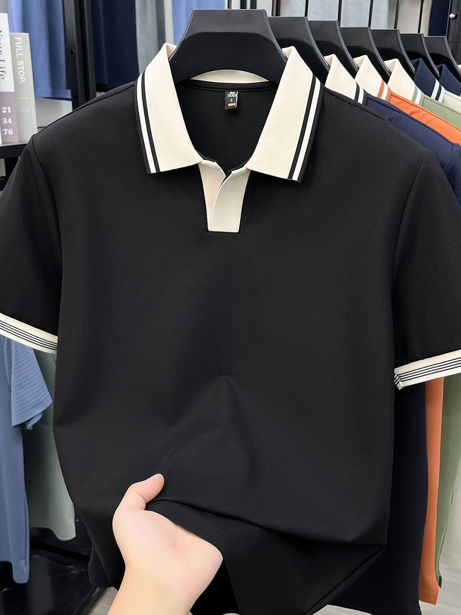 [Shule Water OBM] Summer Men'S Short Sleeve T-Shirt, Contrast Striped Cool Business Casual Versatile Top, Mid-Age Men'S Short Sleeve Collared Polo Shirt (72616) - Black