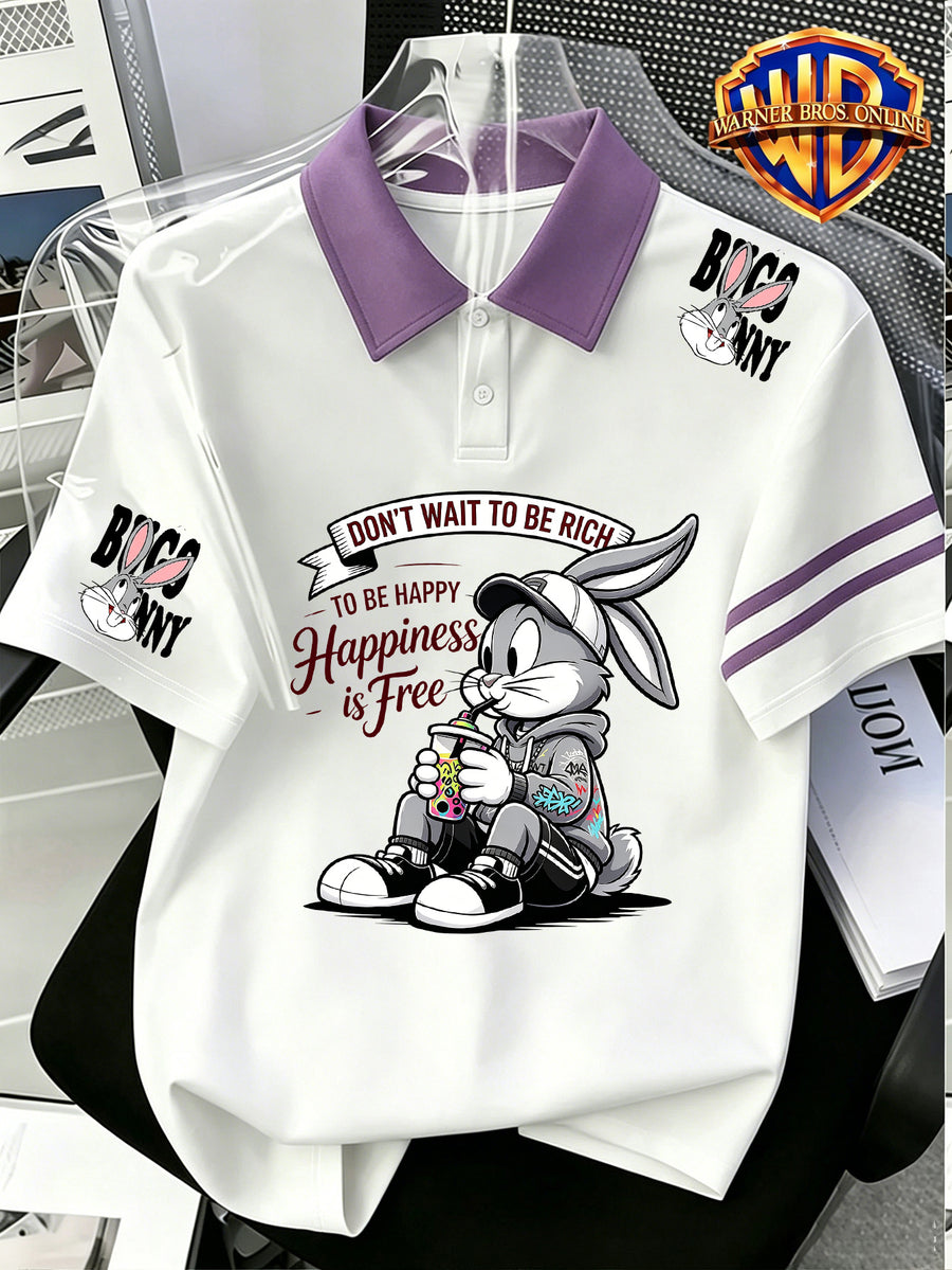 1pc, Le Yitong Rabbit T-Shirt Print Men'S Summer Casual Polo Shirt, Preppy Style Leisure Couple Short Sleeve Top, Summer Daily Outing, Campus Wear, Student Couple Style Best Choice, Suitable for Daily Outing And Athletic Wear - Unisex - Violet