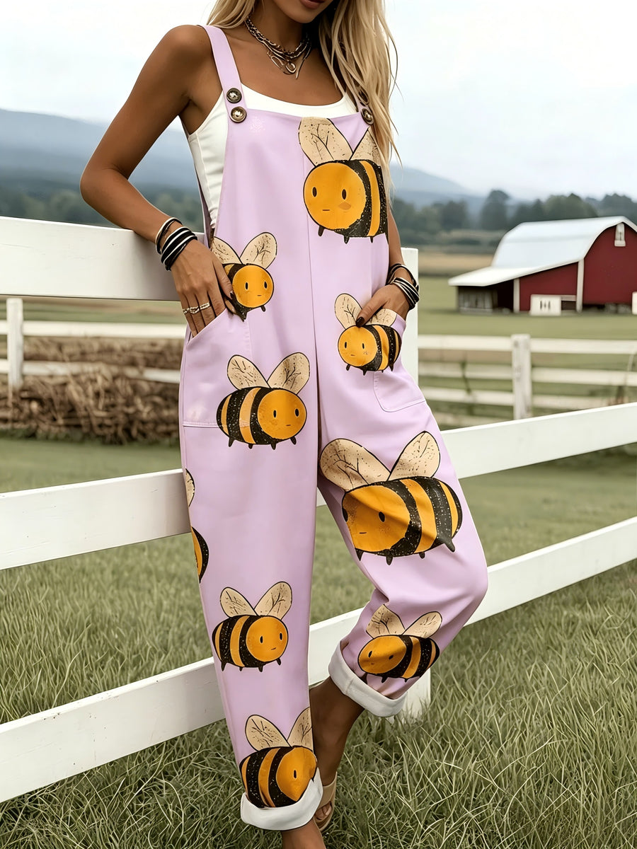Green Jumpsuit with Cartoon Bee Pattern - 0578 - Pink Color
