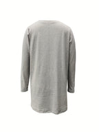 Spring/Autumn Casual Long Sleeve Loose Fit Oversized T-Shirt with Pocket Robe Top - Light Grey