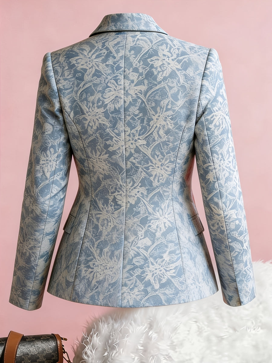 1pc Women's Printed Waist-Cinched Blazer, Single-Breasted Notch Lapel Casual Blazer, Elegant French-Style Commuter Jacket NS702 - Sky Blue