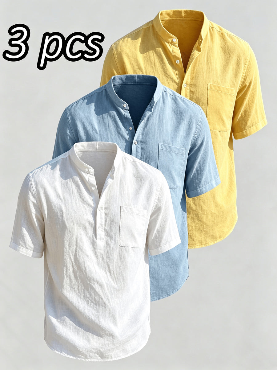 Men'S 3pcs Set of Stand-Collar Henley Short-Sleeve Shirts, Summer Thin Casual Button-Up Shirts, Chest Pocket Loose Breathable Solid-Color Short-Sleeve Tops - Blue+white+yellow