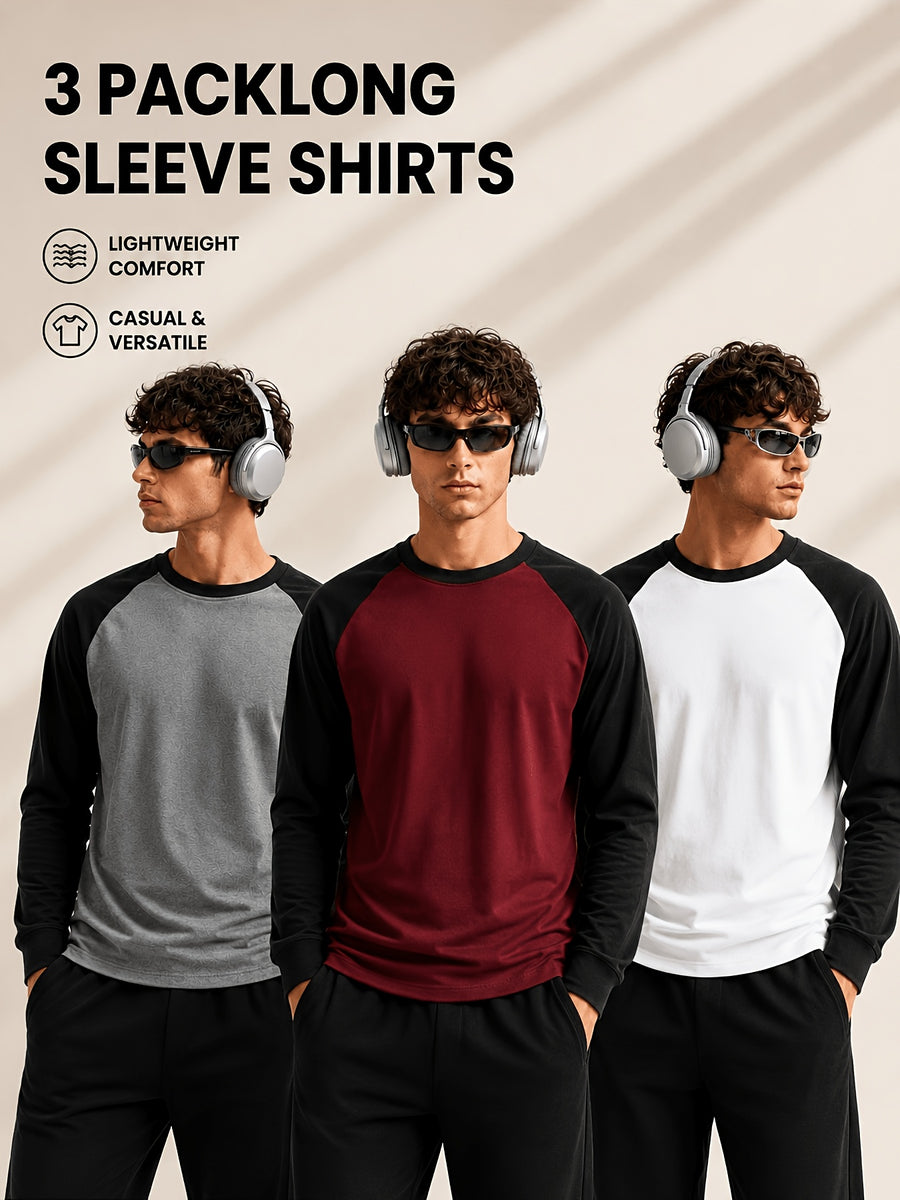 Men'S Long Sleeve Round Neck T-Shirt, a Versatile Color-Block Pullover Top, Men'S Work And T-Shirt, Men'S Top, Casual Work Scene Wear, Applicable for Work Scenes - Black Sleeves + Apricot Red Top + Dark Gray Top + Large White Top