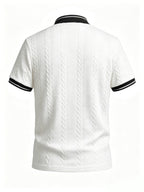 Men's Color-Block Baseball Collar Half-Zip Short-Sleeve T-Shirt, Three-Dimensional Cable Knit Texture Short Sleeve, New Summer Trendy Casual Half-Sleeve Jacquard Polo Shirt, Versatile Men's Top, Baseball Collar + Contrast Ribbed Cuffs for a Simple - White