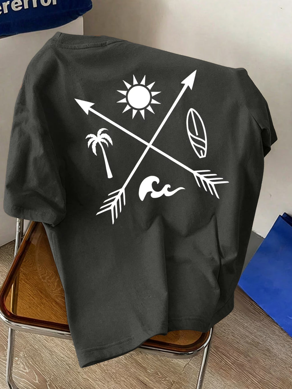 Men'S New Round Neck Short Sleeve T-Shirt Summer Sunshine Surfboard Print Suitable for Vacation Daily Casual Comfortable Soft Breathable Summer Essential - Dark Gray