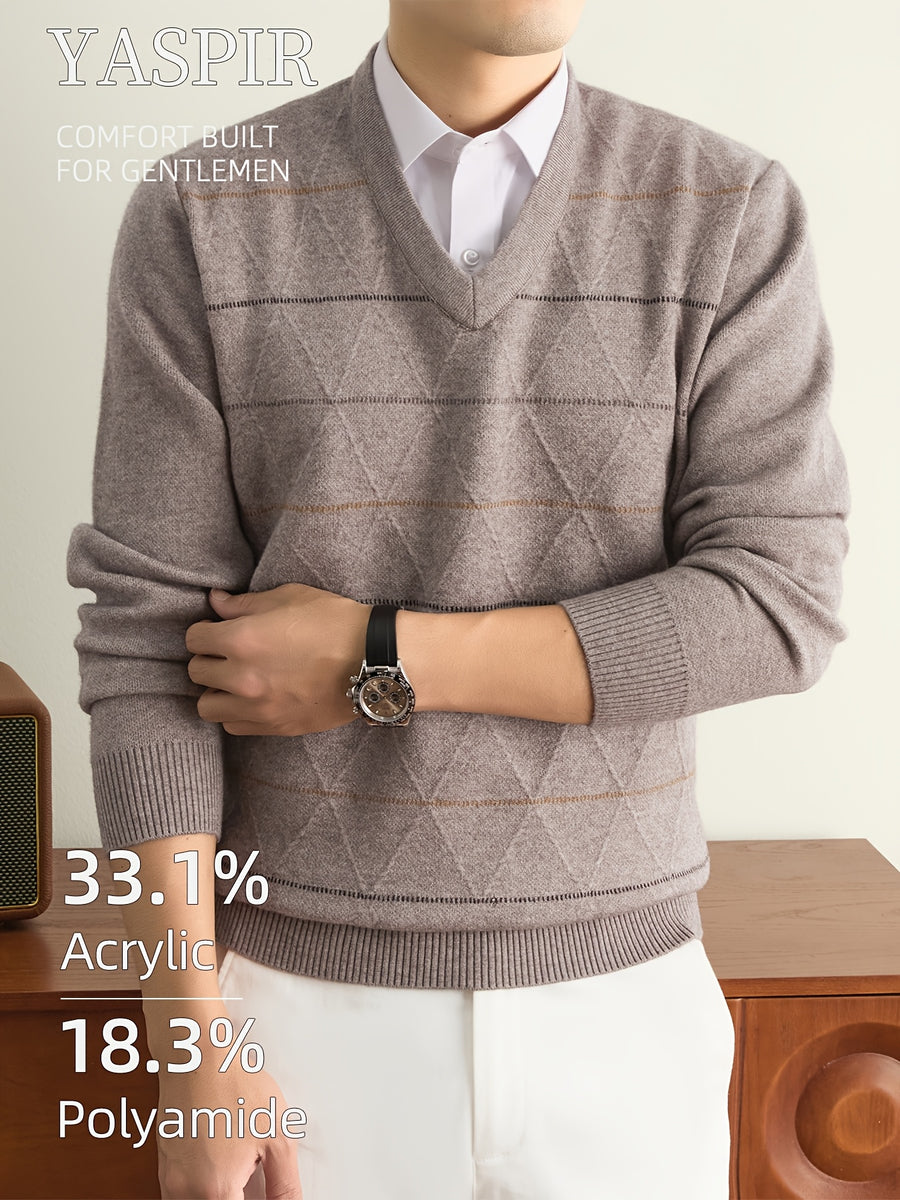 Autumn Winter Men'S Knit Pullover Sweater, Classic V-Neck Striped Design, Easy Casual Old Money Style Warm And Cold-Resistant, Suitable for Daily Commute, Leisure, Sports, Outdoor Camping, Hiking, Fishing, Holiday Gift for Father Or Husband - Camel