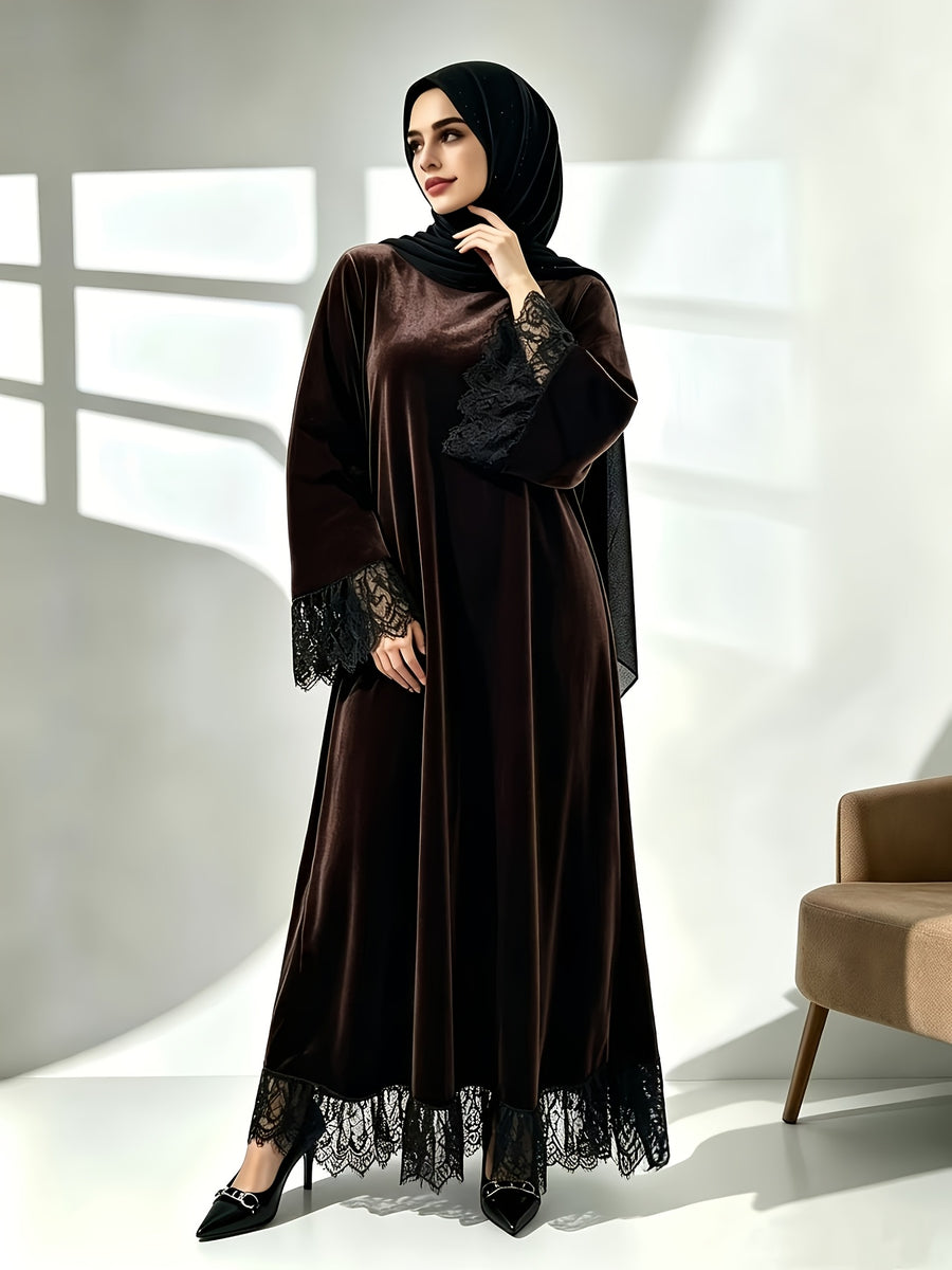 Middle Eastern Muslim Velvet Robe - Black Lace Patchwork Cuffs And Hem - Loose Full Skirt - Abaya Dress (Headscarf Not Included) - Dark Brown