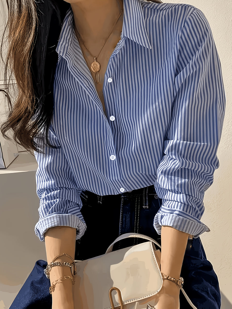 Women's Four-Season Striped Commuter Elegant Shirt - Bright Steel Blue