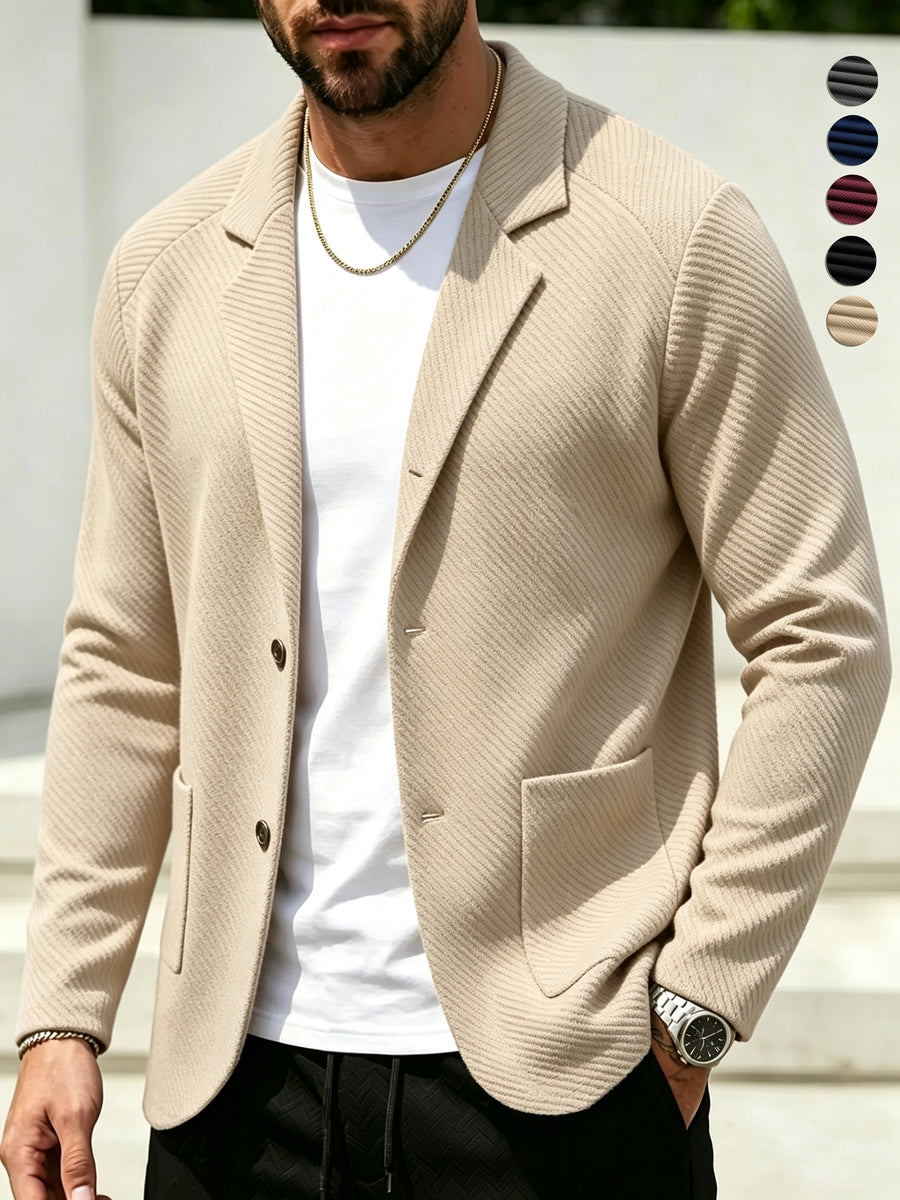 Men'S Spring Autumn New Pinstripe Textured Fabric Blazer Collar Cardigan Single Button Double Pocket Business Casual All-Match Long Sleeve Jacket, Knit Soft Comfortable Fashion Solid Color Outerwear Suitable for Daily Outings, Dates, Holidays - Khaki