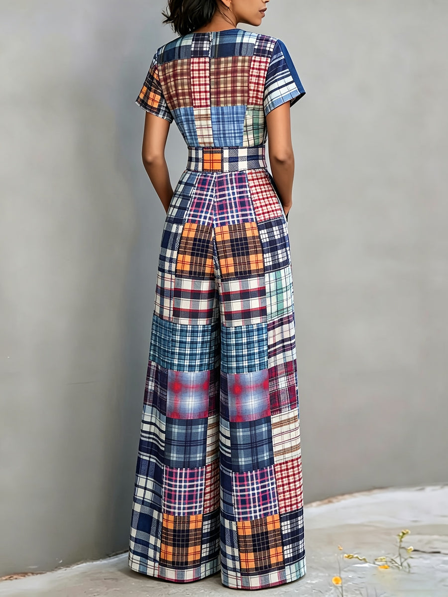 2026 Spring/Summer New Retro Color Block Plaid Short Sleeve Jumpsuit for Women, V-Neck, Waist-Cinching, Wide-Leg Long Pants, American Casual Retro Style One-Piece Suit, Rich Retro, with an American Casual Atmosphere. Small V-Neck Is Easy And Neat - Mixed colors