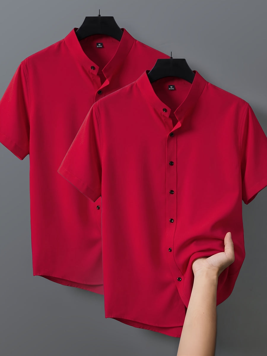 2pcs Men's Short-Sleeve Shirts, Henley/Stand-Up Collar Design, Summer Casual Outerwear - Red