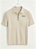 Men'S Summer Casual Lapel Shirt Outdoor Sports Comfortable Print Half-Zip POLO Shirt - Apricot
