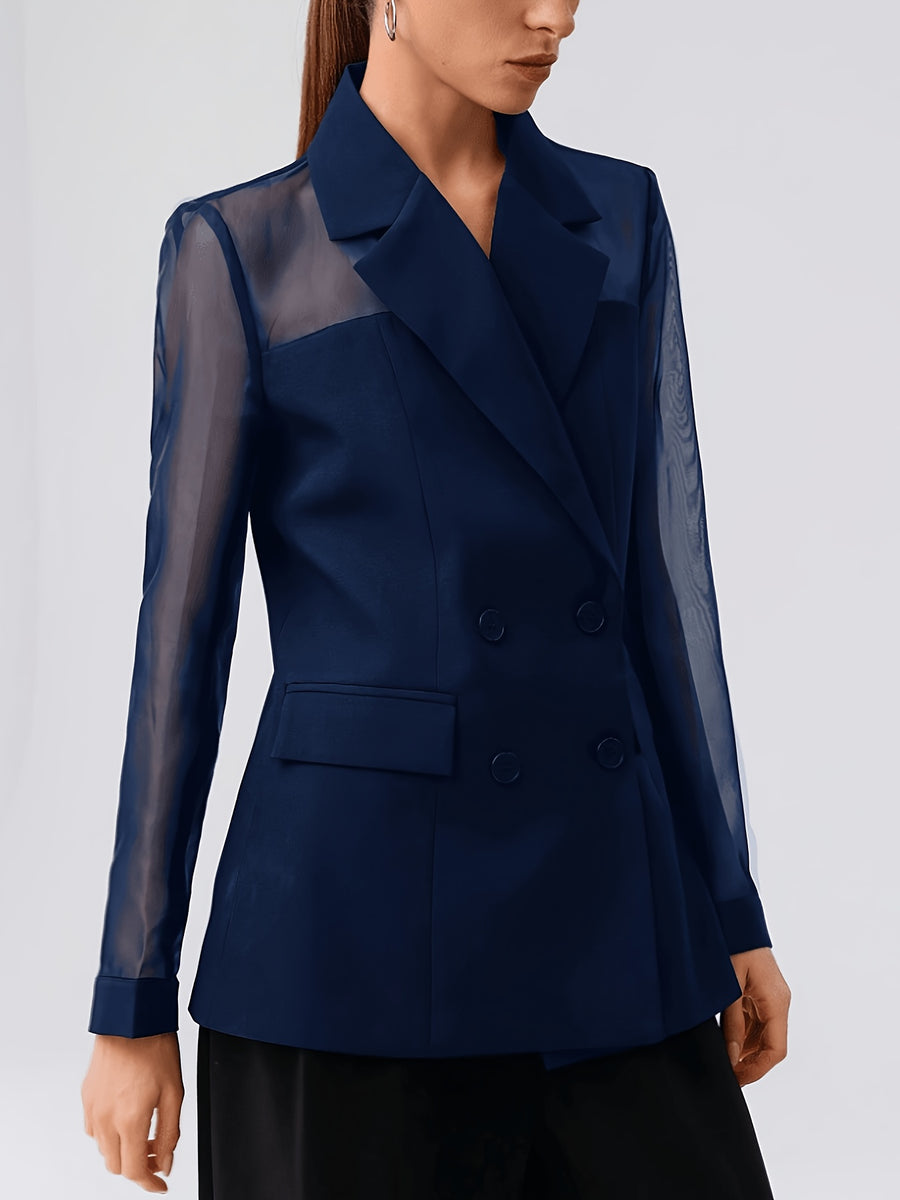 Fashionable Women's Elegant Blazer, Stylish High-End Mesh Patchwork Double-Breasted New Casual Suit Jacket - Navy Color