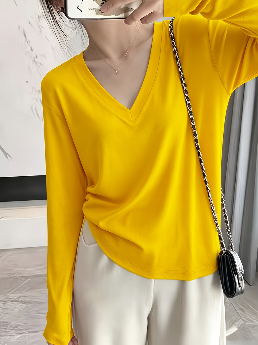 Loose Fit Drop Shoulder Sleeves Relaxed Style Women's Long Sleeve T-Shirt Polyester Women's Autumn Top Thin V-Neck Pullover Solid Color Basic Style Women's Casual Base Layer Spring/Autumn Women's Clothing Machine Washable, Not Dry Cleanable Autumn - Yellow