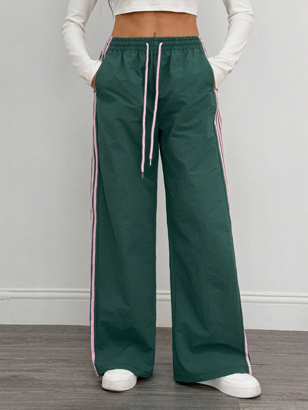 Reading Week Clothing, Back to Season, 1pc 2025 Autumn Winter New Casual Sports Fashion Comfortable Beautiful Color-Blocked Waist Drawstring Women'S Long Pants, Suitable for Holiday Gifts Women'S Apparel - Dark Green