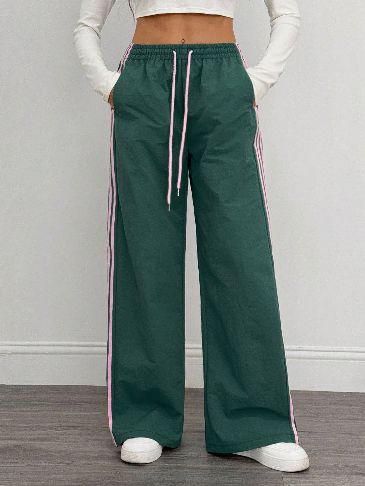 Reading Week Clothing, Back to Season, 1pc 2025 Autumn Winter New Casual Sports Fashion Comfortable Beautiful Color-Blocked Waist Drawstring Women'S Long Pants, Suitable for Holiday Gifts Women'S Apparel - Dark Green