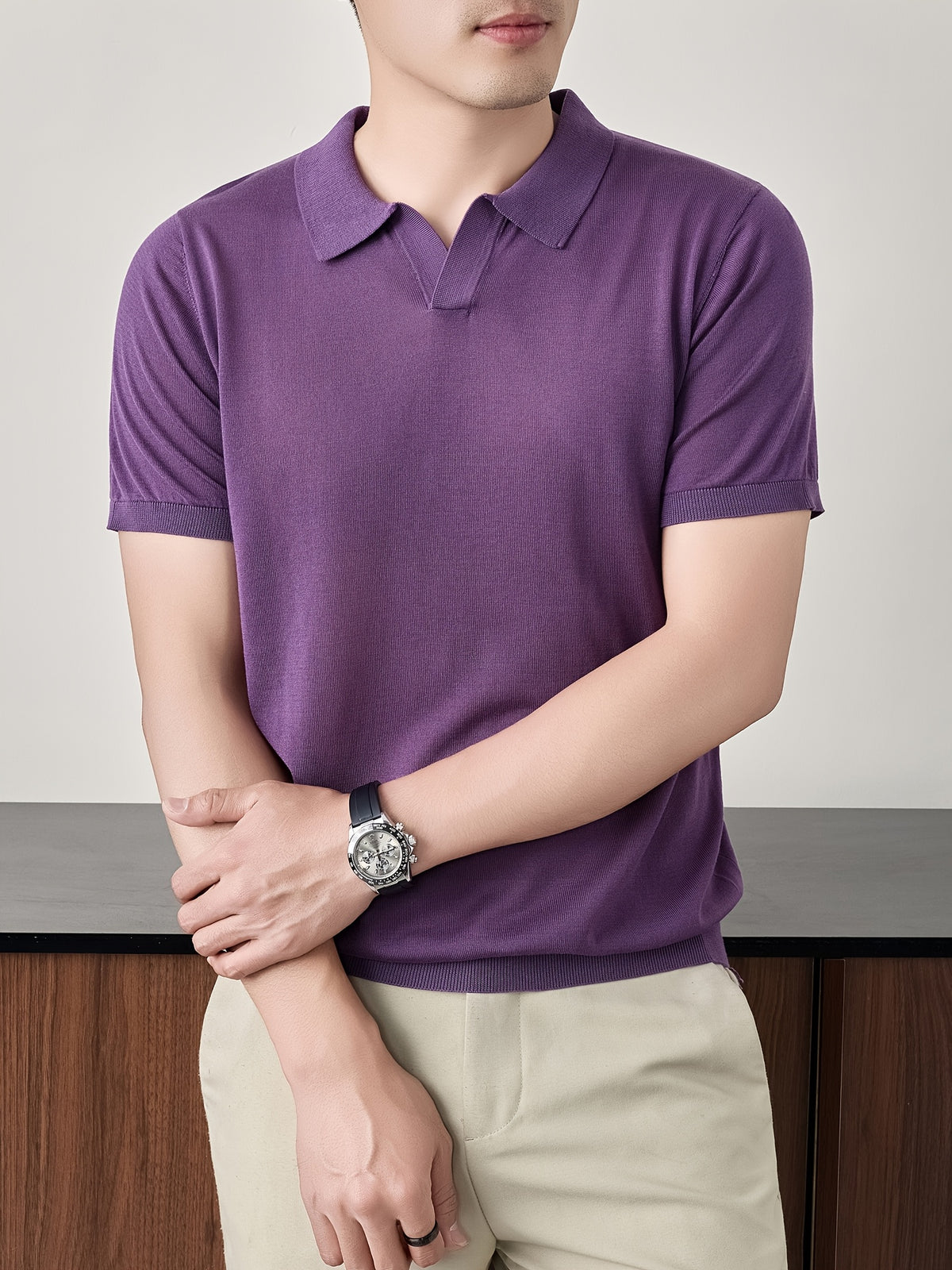 Maqiqi OBM New Spring/Summer Men's Knitted Pullover, Old Money Style Solid Color Clean Cut Half-Open Placket Scissor Collar Lapel Ribbed Knit Short Sleeve T-Shirt, Men's Casual Fashion Thin Breathable Pullover Sweater Knit Base Layer Top - Purple 1