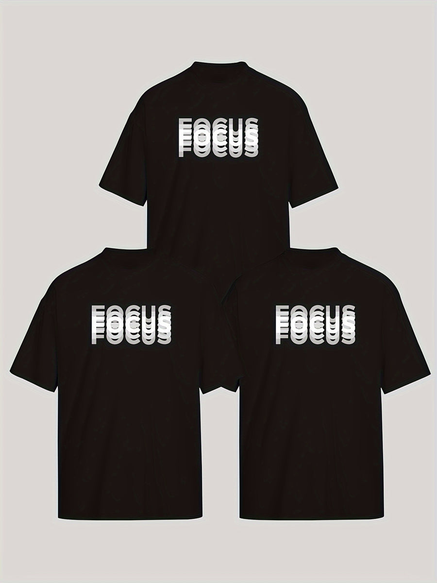 Unisex Trendy Letter Print Crew Neck T-Shirt, A Must-Have for Style Enthusiasts! Gradient FOCUS Design, Ultra Stylish & Streetwear-Inspired! Minimalist yet Versatile! - Black Black Black