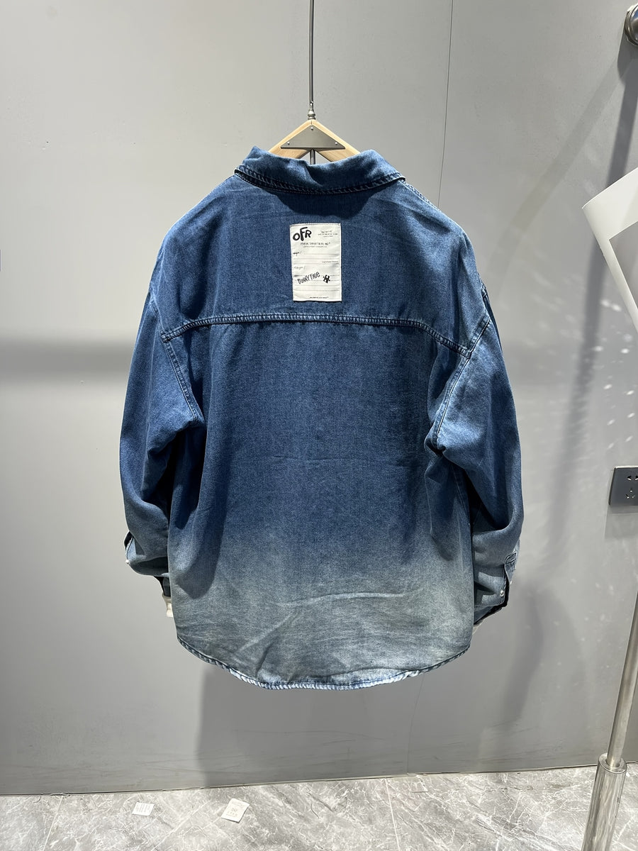 Men's Washed Denim Shirt Jacket, Retro Casual Loose Long Sleeve Coat for Spring Autumn, Style 6607 - Navy Color