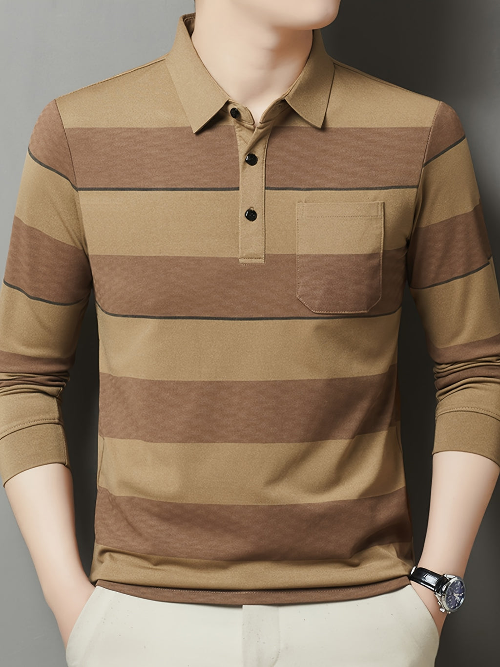 SaXing OBM Men's New Spring/Autumn Polo Shirt, Contrast Color Half-Open Placket Single-Breasted Polo Collar Long Sleeve Pullover Base Layer Top, Suitable for Spring, Summer, Autumn, and Winter Wear, Versatile for Daily and Casual Wear - Khaki 1