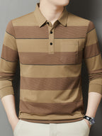 SaXing OBM Men's New Spring/Autumn Polo Shirt, Contrast Color Half-Open Placket Single-Breasted Polo Collar Long Sleeve Pullover Base Layer Top, Suitable for Spring, Summer, Autumn, and Winter Wear, Versatile for Daily and Casual Wear - Khaki 1