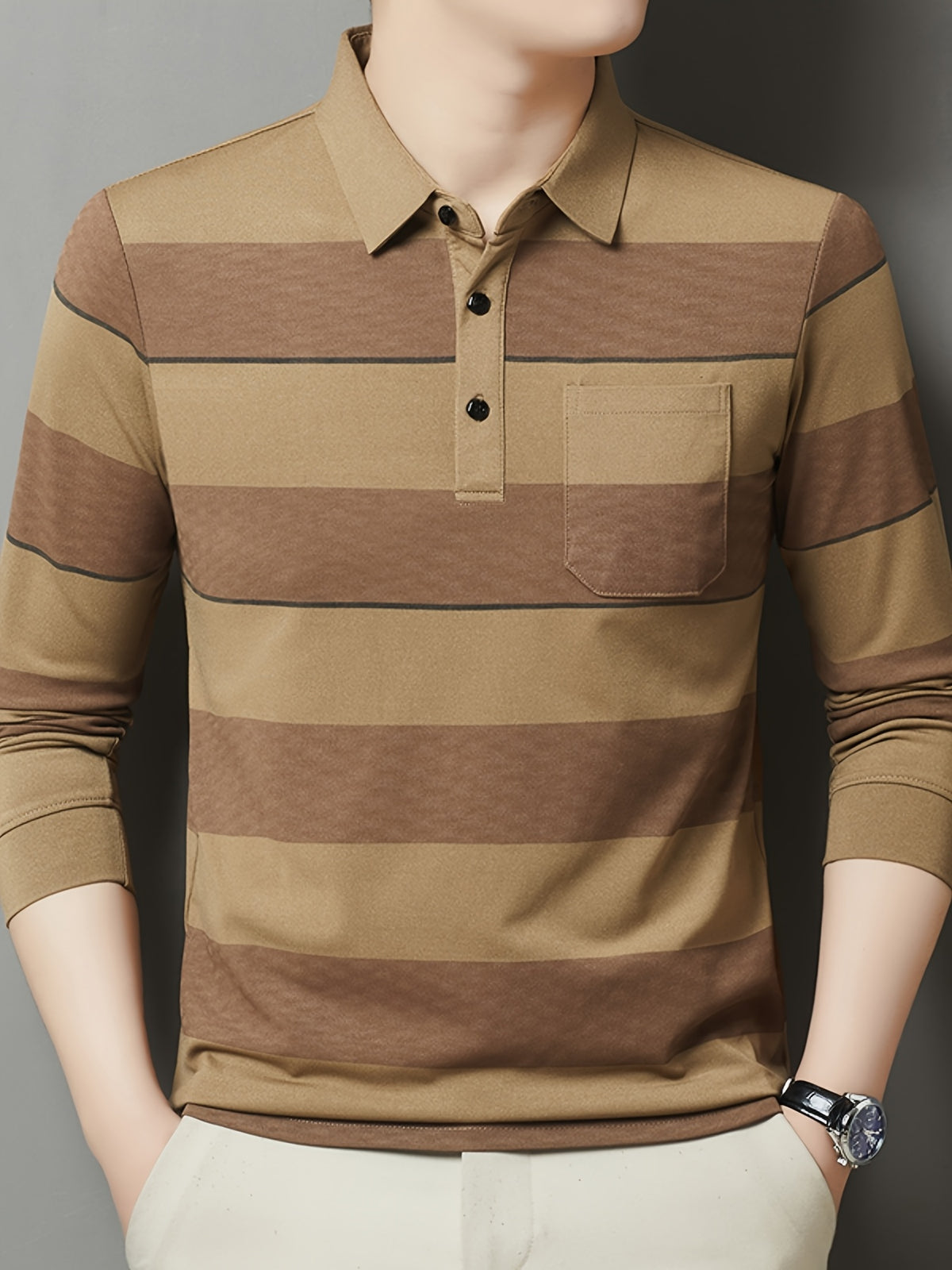 SaXing OBM Men's New Spring/Autumn Polo Shirt, Contrast Color Half-Open Placket Single-Breasted Polo Collar Long Sleeve Pullover Base Layer Top, Suitable for Spring, Summer, Autumn, and Winter Wear, Versatile for Daily and Casual Wear - Khaki 1