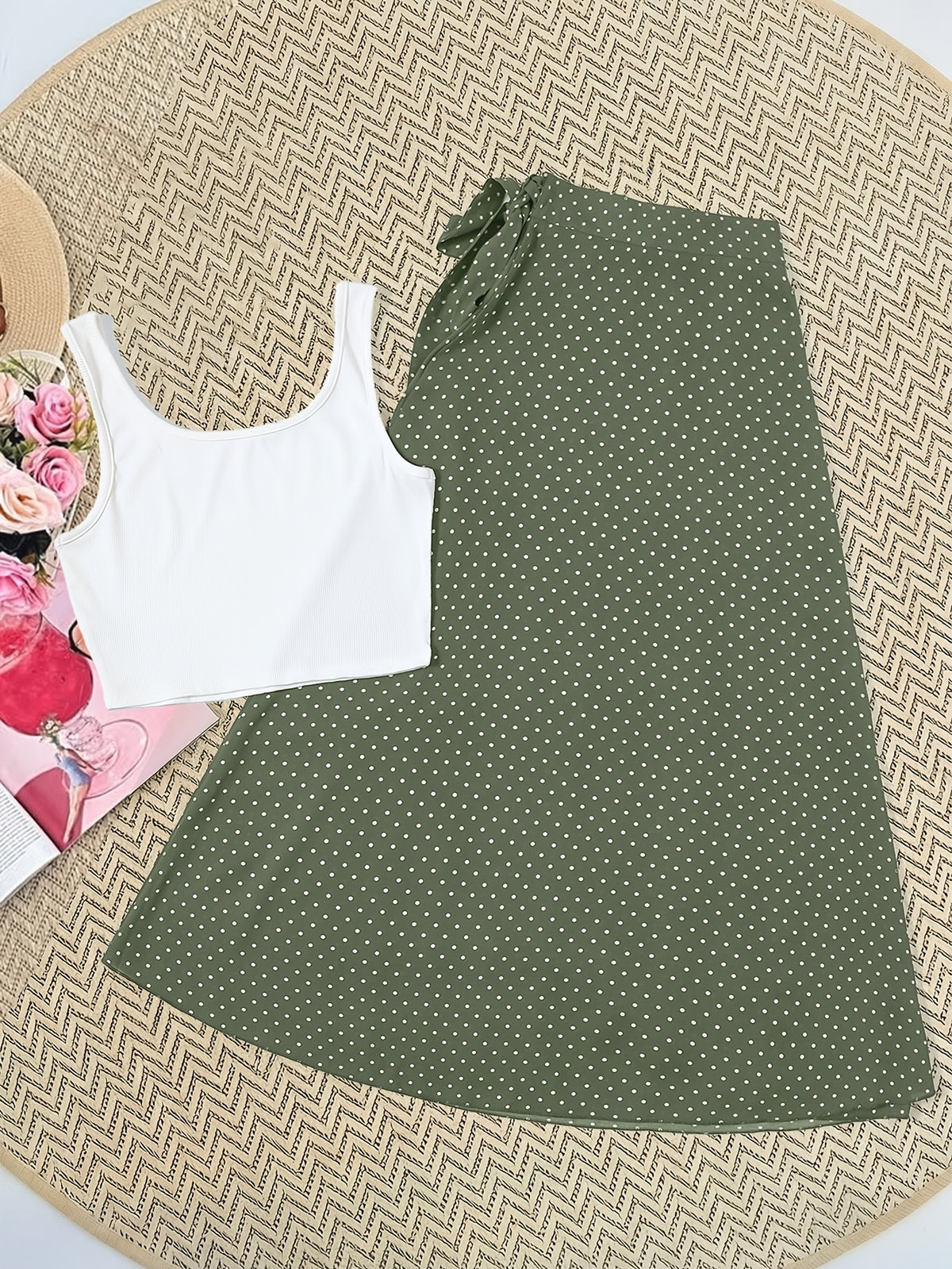 Women'S Elegant Solid Color Vest Polka Dot Half Skirt Casual Set, Suitable for Beach Vacation Outings - Mixed colors