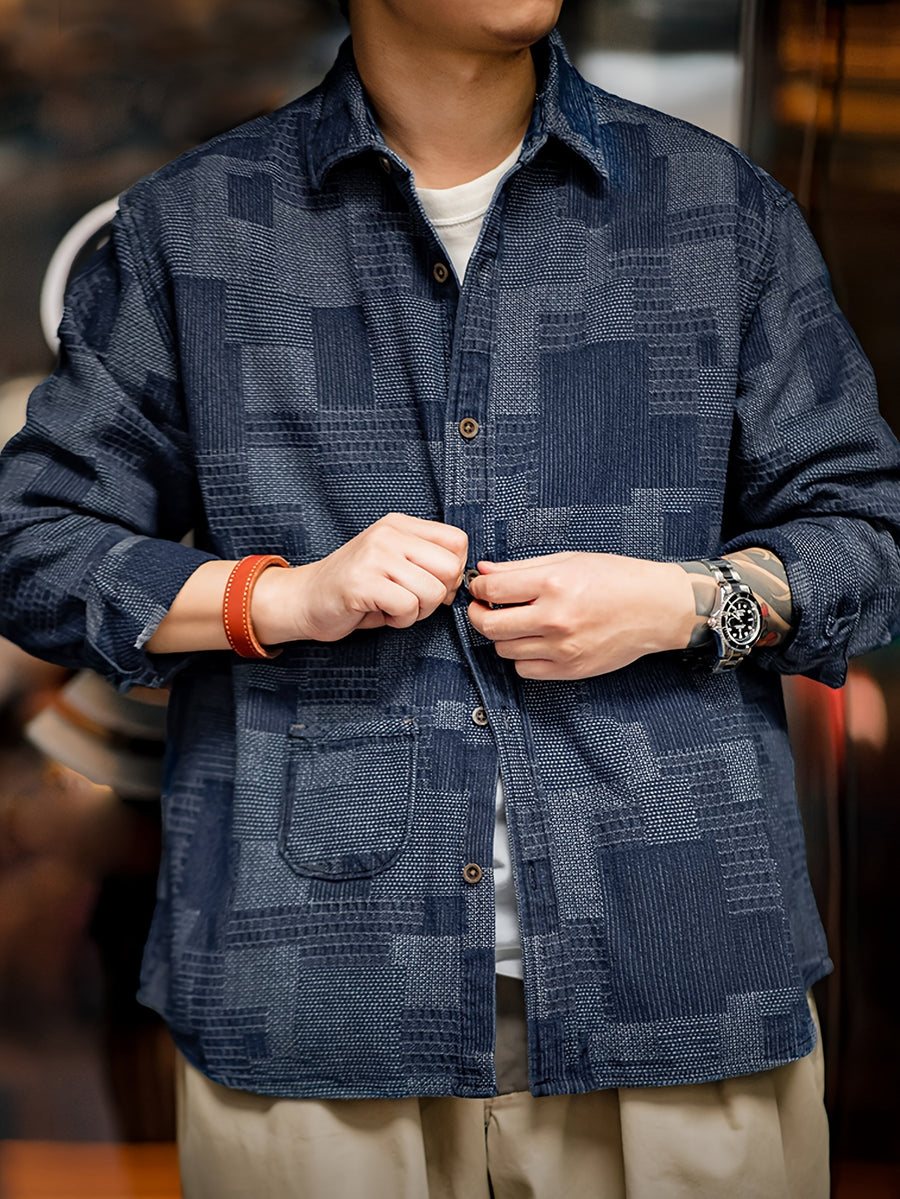 Spring/Autumn New Light Business Elegant Commuter American Casual Vintage Plaid Patchwork Denim Style British Italian Button-Up Men's Suit Long Sleeve Shirt - Sea Blue