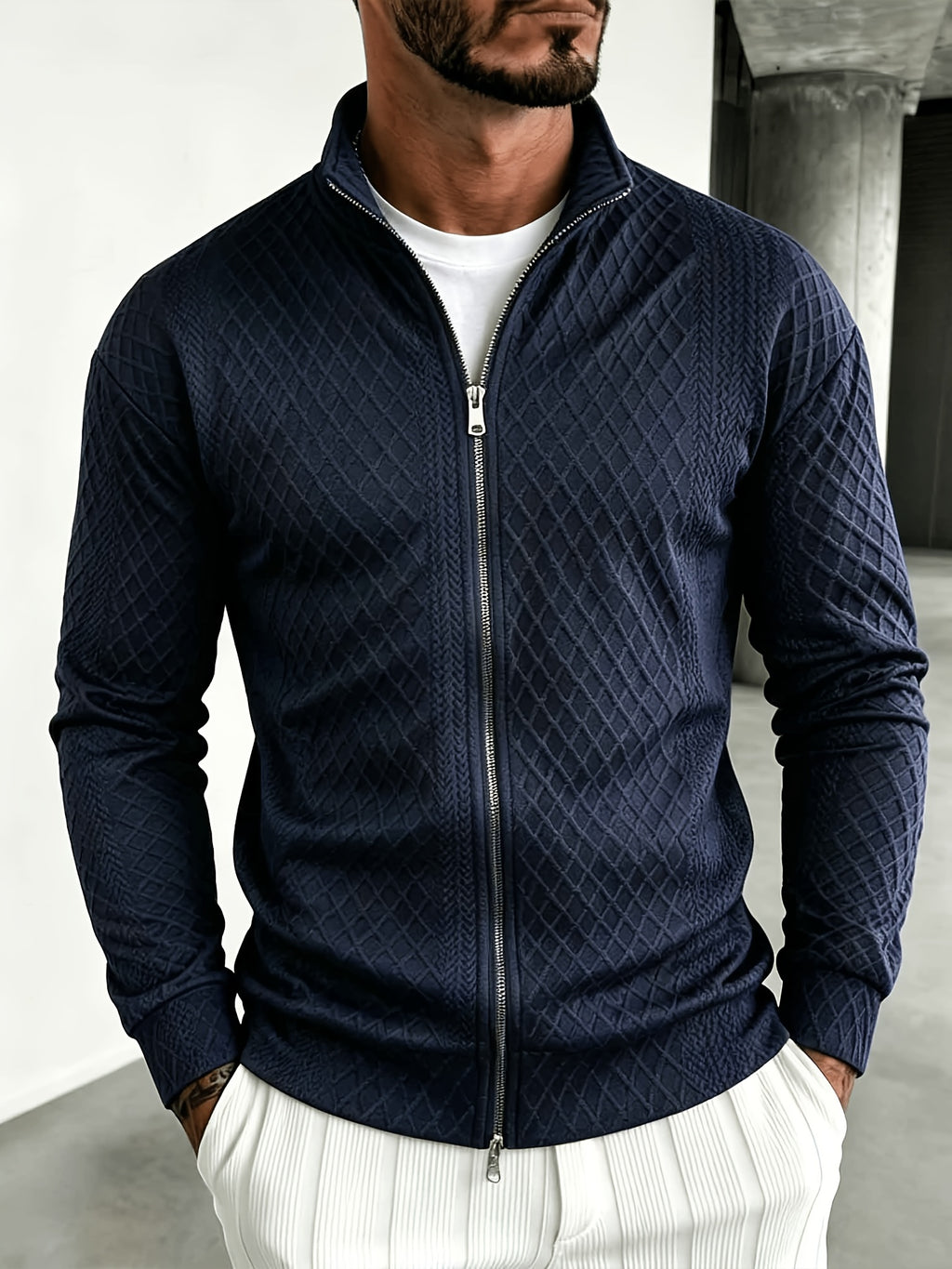 Navy Blue Diamond Texture Men's Jacket, Minimalist Stand Collar Zip-up Casual Sports Jacket, Spring and Autumn Top, Suitable for Daily Work Scenes. - Navy Color