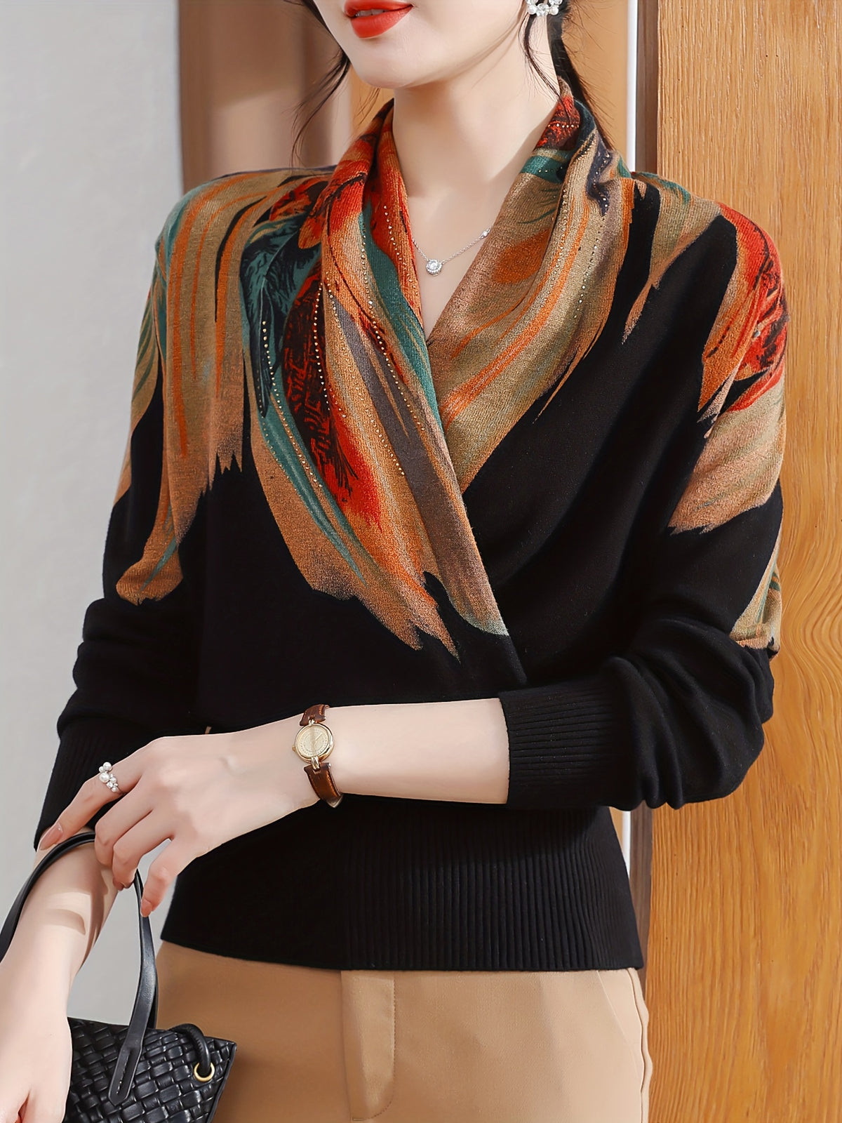 Spring/Autumn Women's Top, Mom Style New Year Spring Fashion Printed Long Sleeve Sweater for Middle-Aged and Elderly Women, Elegant Base Layer Pullover, 2026 New Model, Comfortable and Youthful, Versatile Women's Apparel for Daily Wear, Home, Outings - Black