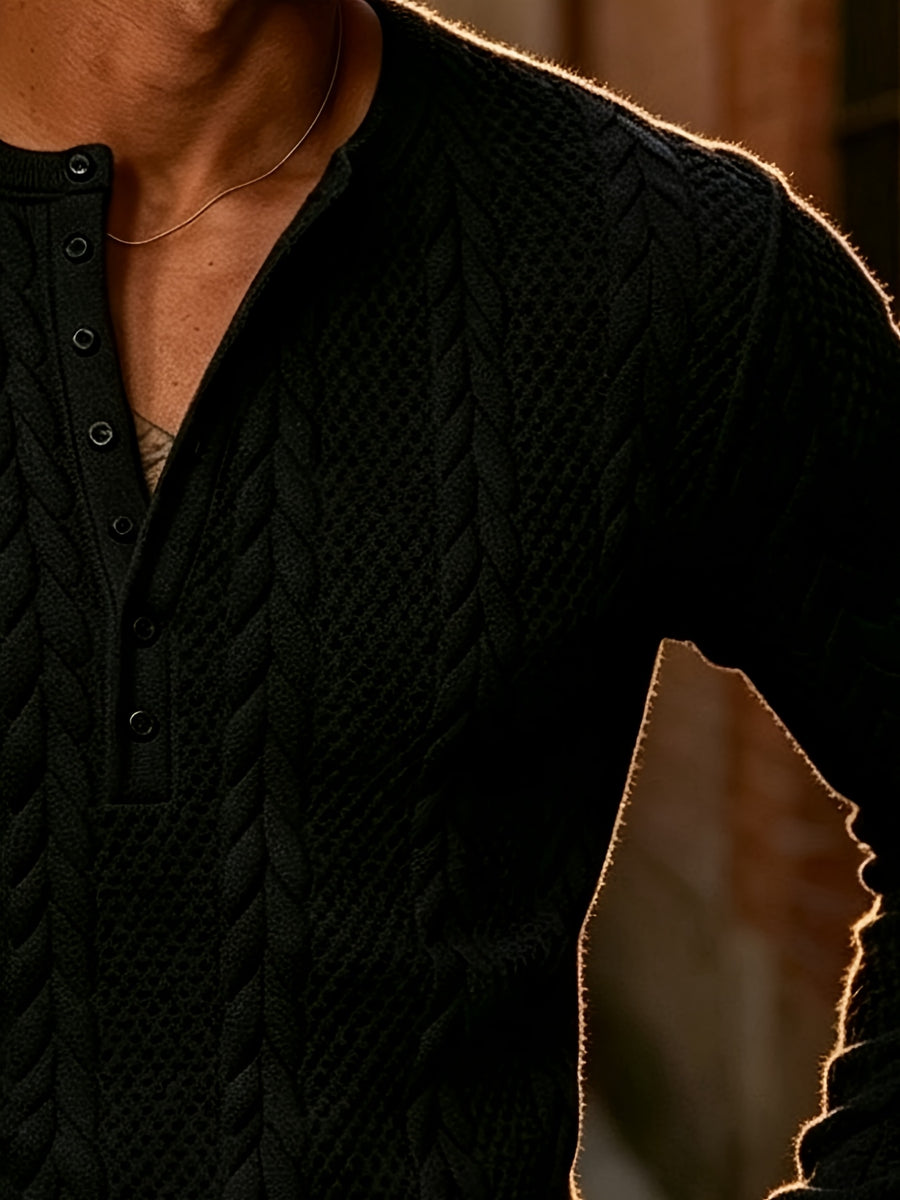 Back-To-School Season Men'S White Stretch Knit Long Sleeve Top, Henley Collar Pinstripe Textured Button-Up Shirt, Light Mature Korean Style Outfit, Early Autumn Fitted Style, Campus Outing And Weekend Shopping Knitwear - Black