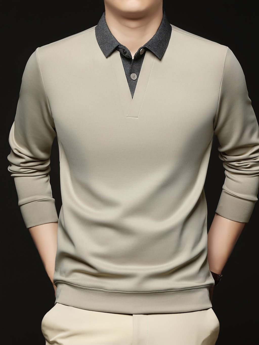 Men's Autumn/Winter 2-in-1 Look Polo Sweatshirt, Pullover Top, Business Casual, Daily Outings, Versatile and Durable, Warm and Comfortable, Ideal Gift Choice - Beige Color