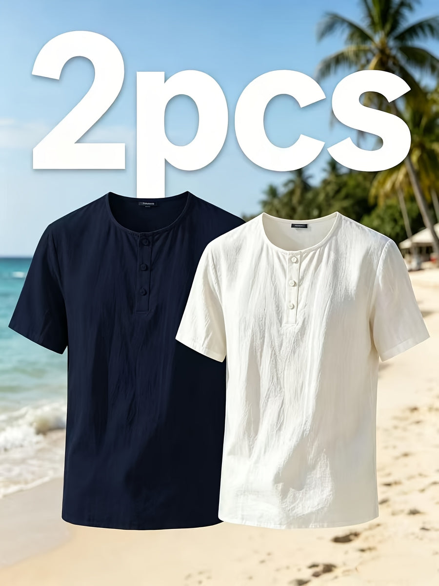 Men'S Summer Short-Sleeve T-Shirt Set, 2Pcss Beach Casual Breathable Top, Easy Design for Pool Parties And Beach Vacations, Ideal Gift for Beachwear, Daily Casual Relaxed (2Pcss Set) - White+Navy Blue