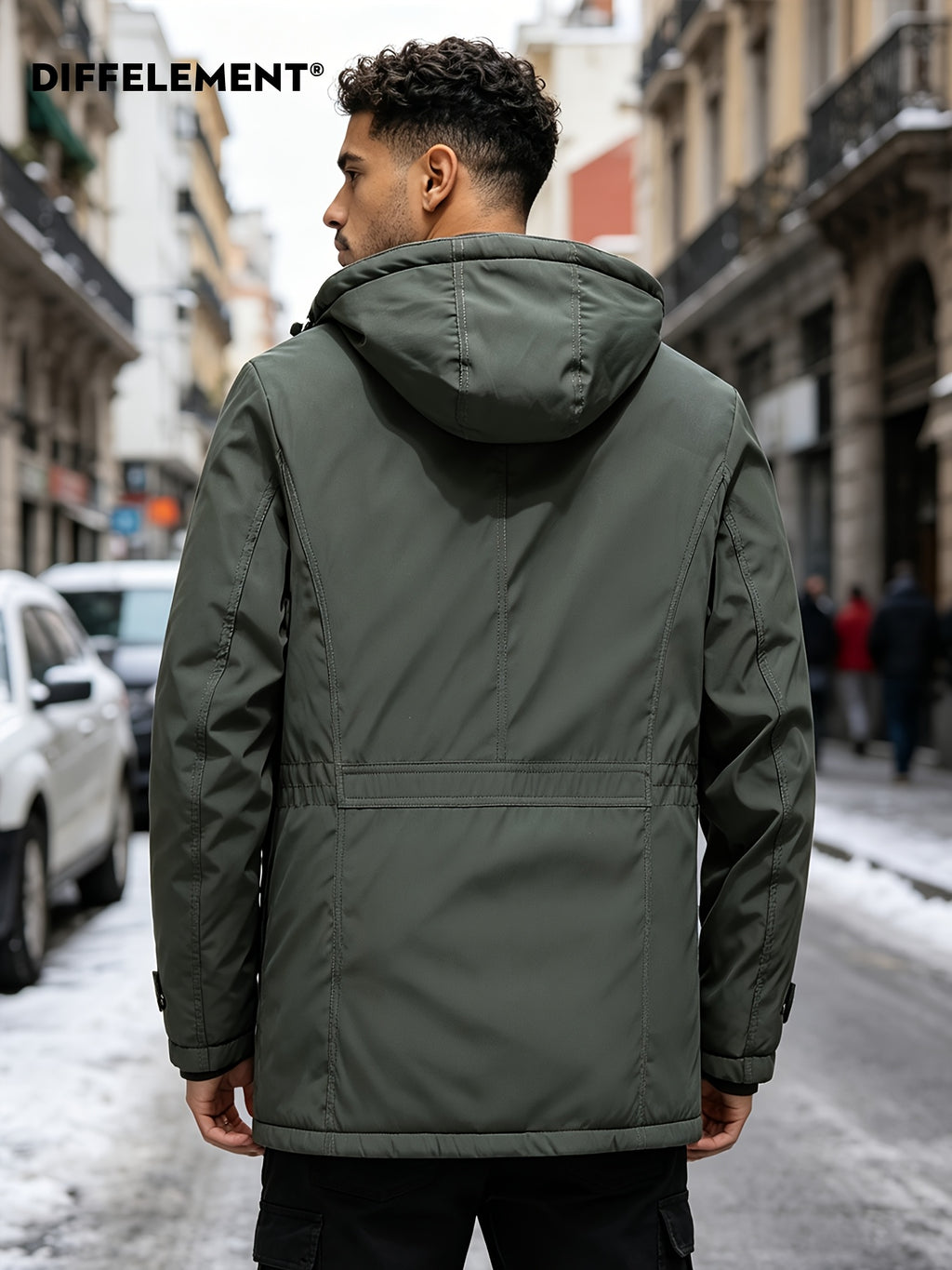 DIFFELEMENT Men's -Lined Hooded Parka Padded Coat, Windproof and Warm, Multi-Pocket Workwear Jacket with Detachable Hood, Elastic Cuffs, Regular Fit, Suitable for Cold Weather, Urban Streetwear, Skiing, Hiking, Winter Daily Work, and Casual Wear - fern green